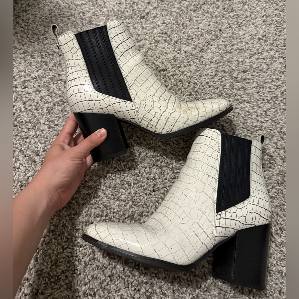 Marc Fisher White Croc-Patterned Ankle Boots